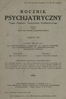 Rocznik Psychjatryczny : organ Polskiego Towarzystwa Psychjatrycznego. 1930, z. 12
