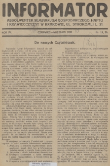 Informator Absolwentek Seminarjum Gospodarczego, Haftu i Krawiecczyzny w Krakowie. R. 4, 1932, nr 19-20