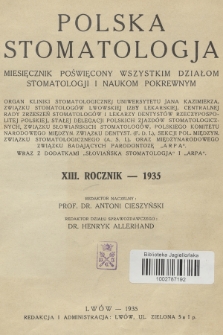 Polska Stomatologja : miesięcznik poświęcony wszystkim działom stomatologji i naukom pokrewnym. R.13, 1935, Skorowidz