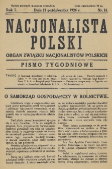 Nacjonalista Polski : pismo tygodniowe : organ Związku Nacjonalistów Polskich. R. 1, 1926, nr 14