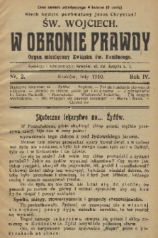 W Obronie Prawdy : organ miesięczny Związku św. Bonifacego. R. 4, 1910, nr 2