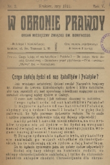 W Obronie Prawdy : organ miesięczny Związku św. Bonifacego. R. 5, 1911, nr 2