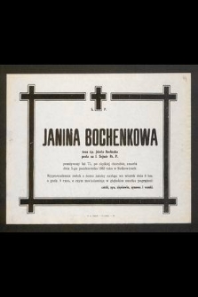 Ś. P. Janina Bochenkowa żona ś. p. Józefa Bochenka posła na I. Sejmie Rz. p. [...] zmarła dnia 5-go października 1963 roku w Sułkowicach [...]