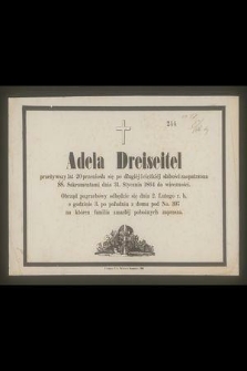 Adela Dreiseitel przeżywszy lat 20 przeniosła się […] dnia 31 Stycznia 1864 do wieczności […] Rzeszów, 1864