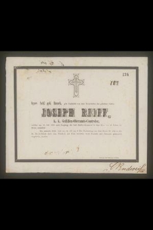 Agnes Reiff, geb Hassek, gibt Nachricht von dem Hinscheiden des geliebten Gatten Joseph Reiff […] welcher am 10 Juli 1860 nach Empfang der heil. Sterbesakremente in dem Alter von 48 Jahren im Herrn entschlief […]