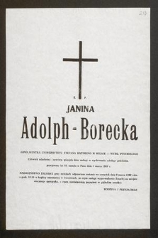 Ś. P. Janina Adolph-Borecka absolwentka Uniwersytetu Stefana Batorego w Wilnie - wydz. psychologii [...] zasnęła w Panu dnia 4 marca 1989 r. [...]