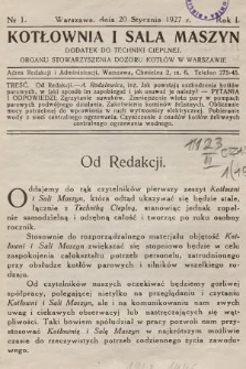 Kotłownia i Sala Maszyn : dodatek do Techniki Cieplnej, organu Stowarzyszenia Dozoru Kotłów w Warszawie. R.1, 1927, nr 1