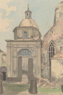 [Widok fragmentu zachodniej elewacji kościoła dominikanów z kaplicą Zbaraskich, po pożarze w 1850 roku]