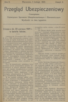Przegląd Ubezpieczeniowy : czasopismo poświęcone sprawom ubezpieczeniowym i ekonomicznym : wychodzi co dwa tygodnie. R.2, 1923, nr 2