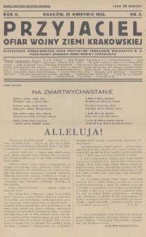 Przyjaciel Ofiar Wojny Ziemi Krakowskiej : miesięcznik Krakowskiego Koła Przyjaciół Inwalidów Wojennych R. P. poświęcony sprawom inwalidzkim i społecznym. 1935, nr 5