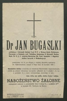 Ś. p. dr Jan Bugaslki wykładowca i kierownik Zakładu Teorii WF w Wyższej Szkole Wychowania Fizycznego w Krakowie […] zasnął w Panu dnia 28 stycznia 1963 r.