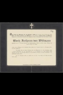 [...] Moriz Freiherrn von Wittmann [...] am 7. December 1890, im 61. Lebensjahre sanft in dem Herrn entschlafen ist [...]