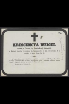 Krescencya Weigel wdowa po Prezesie Izby Obrachunkowej Krakowskiej [...] w dniu 10 Kwietnia b. r. zasnęła w Bogu, licząc lat 69 [...]