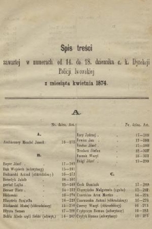 Dziennik Policyjny. 1874, Spis treści zawartej w numerach od 14 do 18 dziennika