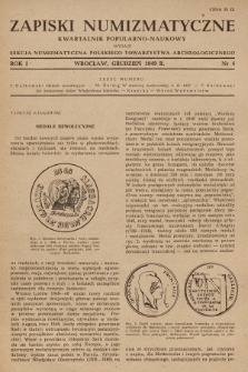Zapiski Numizmatyczne : kwartalnik popularno-naukowy. R.1, 1949, nr 4