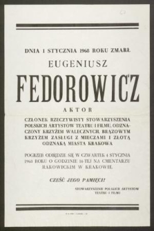 Dnia 1 stycznia 1968 roku zmarł Eugeniusz Fedorowicz aktor [...]