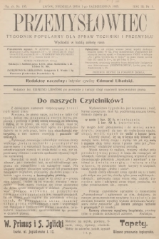 Przemysłowiec : tygodnik popularny dla spraw techniki i przemysłu. R.3, 1905, nr 1