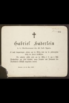 Gabriel Haberlein [...] ist nach langwierigen leiden am 24. März 1869 im 35 Lebensjahre feelig im Herrn entschlafen [...]