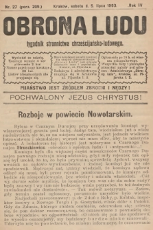 Obrona Ludu : tygodnik Stronnictwa Chrześcijańsko-Ludowego. R.6, 1903, nr 27