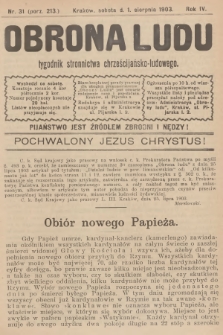 Obrona Ludu : tygodnik Stronnictwa Chrześcijańsko-Ludowego. R.6, 1903, nr 31