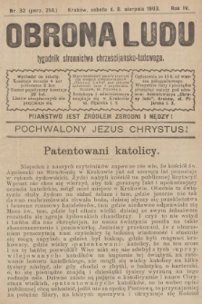 Obrona Ludu : tygodnik Stronnictwa Chrześcijańsko-Ludowego. R.6, 1903, nr 32