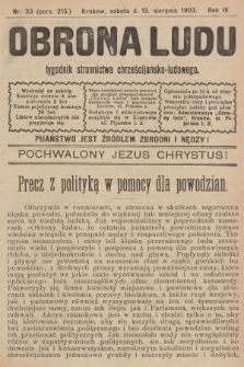 Obrona Ludu : tygodnik Stronnictwa Chrześcijańsko-Ludowego. R.6, 1903, nr 33