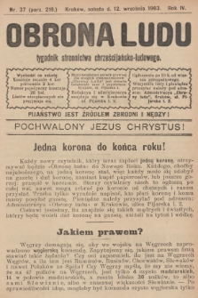 Obrona Ludu : tygodnik Stronnictwa Chrześcijańsko-Ludowego. R.6, 1903, nr 37
