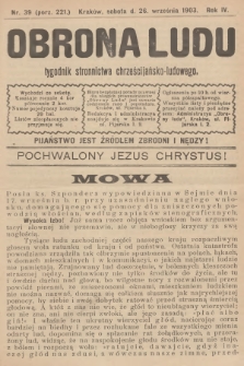 Obrona Ludu : tygodnik Stronnictwa Chrześcijańsko-Ludowego. R.6, 1903, nr 39