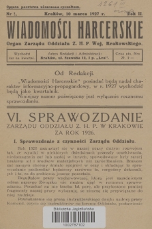 Wiadomości Harcerskie : organ Zarządu Oddziału Z.H.P. Wojew. Krakowskiego. R.2, 1927, nr 1