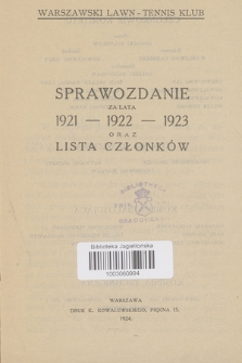 Sprawozdanie za Lata 1921-1923 oraz Lista Członków