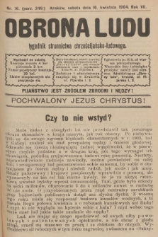Obrona Ludu : tygodnik Stronnictwa Chrześcijańsko-Ludowego. R.7, 1904, nr 16