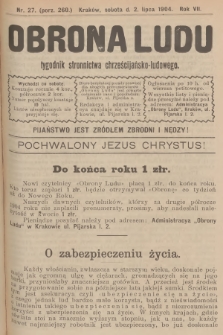 Obrona Ludu : tygodnik Stronnictwa Chrześcijańsko-Ludowego. R.7, 1904, nr 27