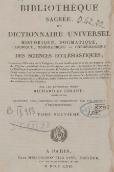 Bibliothèque sacrée ou Dictionnaire universel historique, dogmatique, canonique, géographique et chronologique des sciences ecclésiastiques [...]