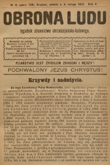Obrona Ludu : tygodnik Stronnictwa Chrześcijańsko-Ludowego. R.5, 1902, nr 6