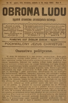 Obrona Ludu : tygodnik Stronnictwa Chrześcijańsko-Ludowego. R.5, 1902, nr 19