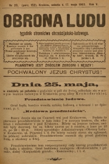 Obrona Ludu : tygodnik Stronnictwa Chrześcijańsko-Ludowego. R.5, 1902, nr 20