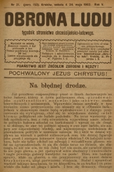 Obrona Ludu : tygodnik Stronnictwa Chrześcijańsko-Ludowego. R.5, 1902, nr 21