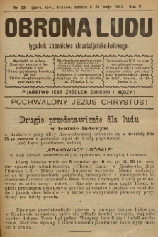 Obrona Ludu : tygodnik Stronnictwa Chrześcijańsko-Ludowego. R.5, 1902, nr 22