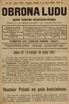 Obrona Ludu : tygodnik Stronnictwa Chrześcijańsko-Ludowego. R.5, 1902, nr 27