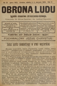 Obrona Ludu : tygodnik Stronnictwa Chrześcijańsko-Ludowego. R.5, 1902, nr 31