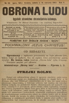 Obrona Ludu : tygodnik Stronnictwa Chrześcijańsko-Ludowego. R.5, 1902, nr 33