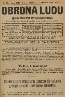 Obrona Ludu : tygodnik Stronnictwa Chrześcijańsko-Ludowego. R.5, 1902, nr 37