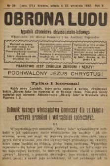 Obrona Ludu : tygodnik Stronnictwa Chrześcijańsko-Ludowego. R.5, 1902, nr 39