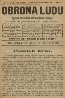 Obrona Ludu : tygodnik Stronnictwa Chrześcijańsko-Ludowego. R.5, 1902, nr 41