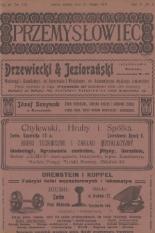 Przemysłowiec : tygodnik popularny dla spraw techniki i przemysłu. R.5, 1907, nr 9