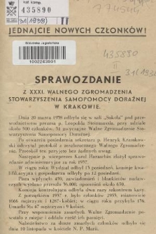 Sprawozdanie z XXXI. Walnego Zgromadzenia Stowarzyszenia Samopomocy Doraźnej w Krakowie