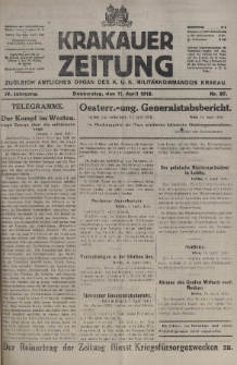 Krakauer Zeitung : zugleich amtliches organ K. u. K. Militär-Kommandos Krakau. 1918, nr 97