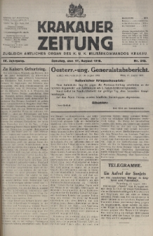 Krakauer Zeitung : zugleich amtliches organ K. u. K. Militär-Kommandos Krakau. 1918, nr 218