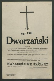 Ś. p. mgr Emil Dworzański adwokat [...] zasnął w Panu dnia 15 października 1979 roku [...]