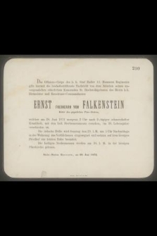 Ernst freiherrn von Falkenstein [...] am 28. Juni 1873 [...] im 38. Lebensjahre verschieden ist [...]